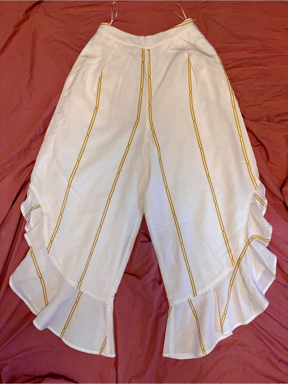 Sancia White Ankle-Length Ruffle Pants with Gold Chain Stripe